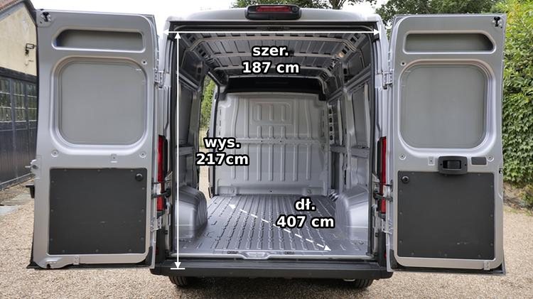 Fiat Ducato — przestrzeń ładunkowa, szerokość 187 cm, wysokość 217 cm, długość 407 cm